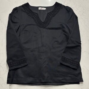 Vineyard Vines Black Blouse with Embroidered Neck and Sleeves- Woman’s Size 4